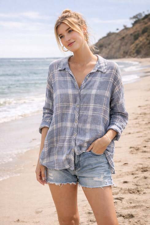 O'Neill Tops - O'Neill Women's Arlow Blue Plaid Button-Up Long Sleeve Shirt Size Large